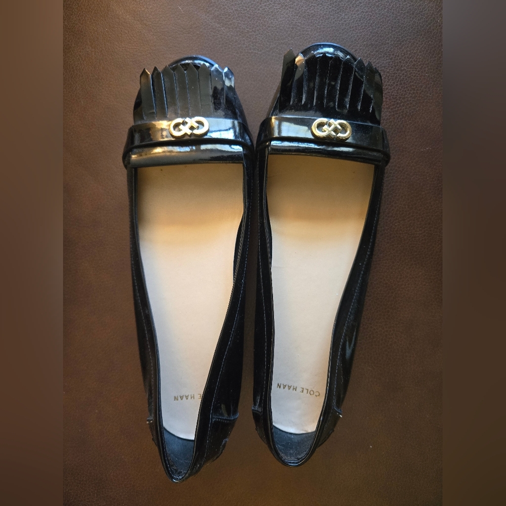Cole Haan Shiny Patent Leather Style Black Flats with Gold Detail Size 10